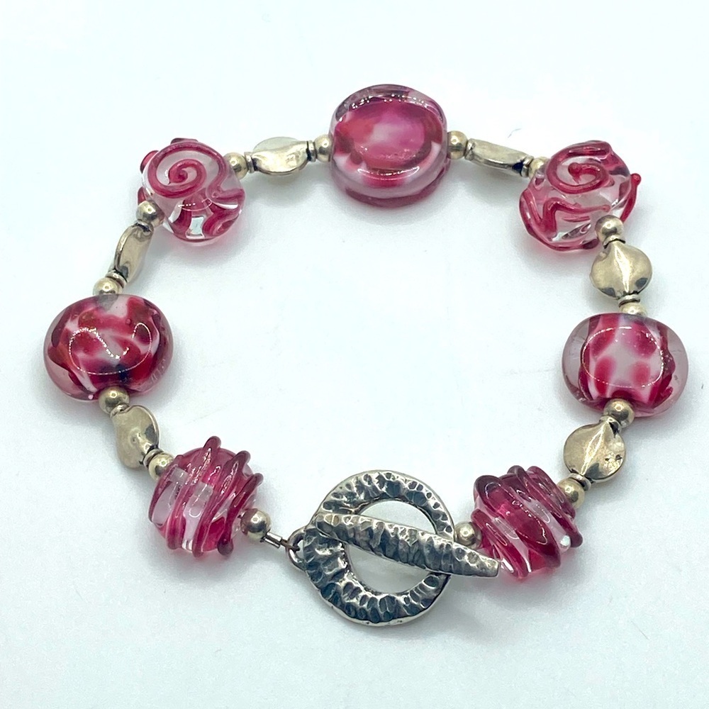 Vtg Saki Sterling Silver Art Glass Bead Toggle Clasp Bracelet 8”